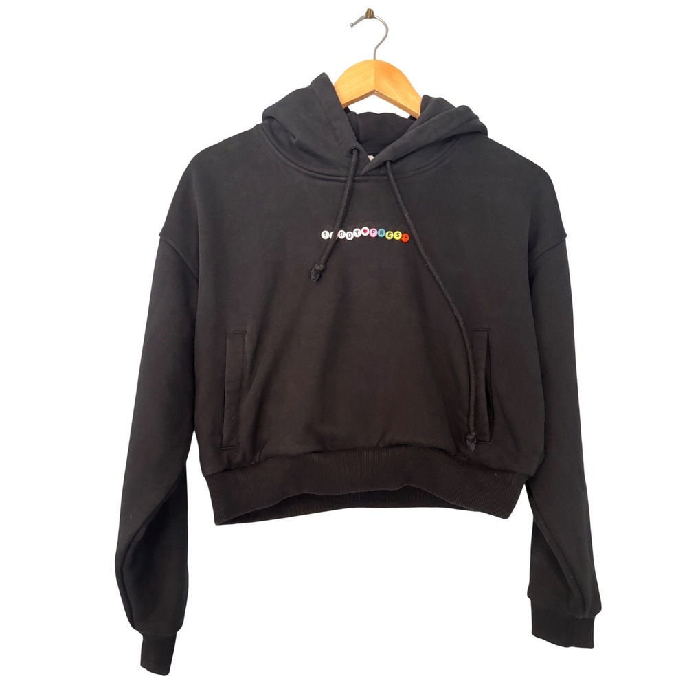 Teddy Fresh Black‎ Cropped Hoodie Bead Logo Cotton Streetwear Sweatshirt Small